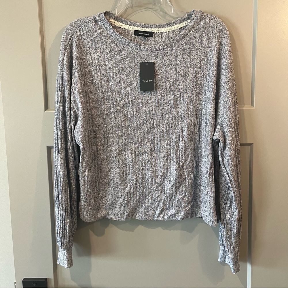 NWT Verve Ami Size Medium Blue Gray Long Sleeve Ribbed Top Super Soft
